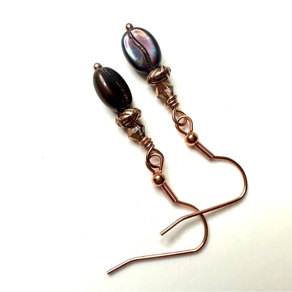 Handcrafted Czech Glass Coffee Bean Earrings with Iridescent Effect and Copper - Picture 4 of 4